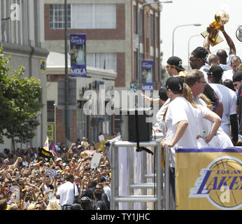 The Los Angeles Lakers celebrate their NBA championship with a parade in Los Angeles on June 21, 2010. The Lakers defeated Celtics to win the championship . UPI Photo/Lori Shepler Stock Photo