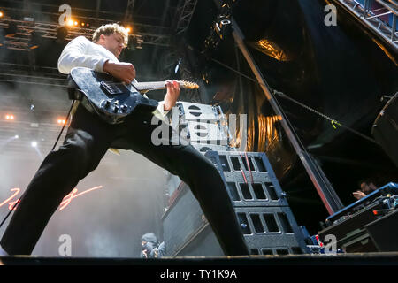 Zagreb, Croatia - 24th June, 2019 : The Swedish group The Hives performs on the 14th INmusic festival located on the lake Jarun in Zagreb, Croatia. Stock Photo