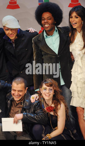 Musicians Prince Royce (L) and Alex Cuba (C) share a laugh with Giselle Blondet (R) and Jotdog members after announcing nominations for the 11th annual Latin Grammy Awards at the Avalon in the Hollywood section of Los Angeles on September 8, 2010. The 11th Annual Latin Grammy Awards will be held on November 11, 2010 in Las Vegas, Nevada.  UPI/Jim Ruymen.. Stock Photo