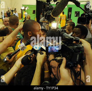 Los Angeles Lakers' Kobe Bryant answers questions during the basketball team's media day at the Lakers training facility in El Segundo, California on September 25, 2010. The Lakers will try to three-peat this season after winning back-to-back NBA championship titles. UPI/Jim Ruymen Stock Photo