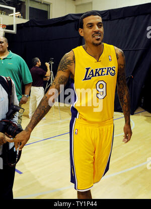 Los Angeles Lakers' Matt Barnes arrives for the basketball team's media day at the Lakers training facility in El Segundo, California on September 25, 2010. The Lakers will try to three-peat this season after winning back-to-back NBA championship titles. UPI/Jim Ruymen Stock Photo