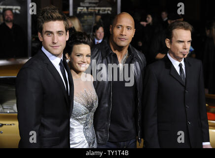 Cast members (L-R) Oliver Jackson-Cohen, Carla Gugino, Dwayne Johnson and Billy Bob Thornton attend the premiere of the film 'Faster' at the Grauman's Chinese Theater in the Hollywood section of Los Angeles on November 22, 2010.      UPI/Phil McCarten Stock Photo