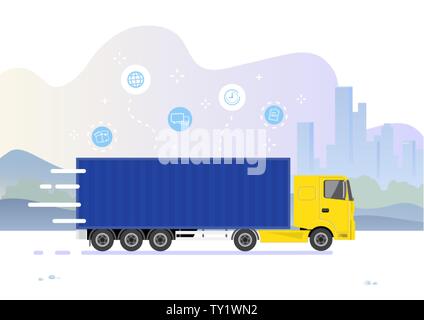 Commercial cargo truck with landscape and city background. Vector illustration concept for freight cargo transportation industry, on-time delivery. Stock Vector