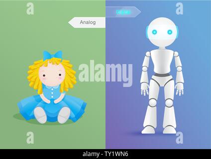 Comparison of change  between doll in former times, Analog Age and modern doll, robot, Digital Age. Vector illustration design concept of comparative. Stock Vector
