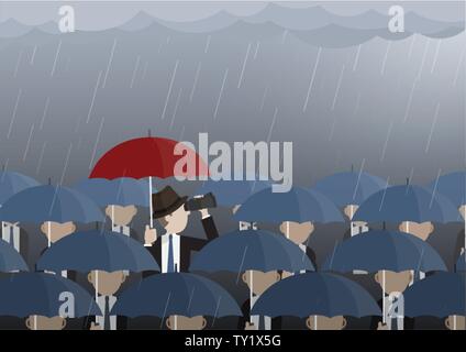 Business man looking through binoculars while get caught in rain. Vector illustration business vision, problem solving, creative, Leadership concept. Stock Vector