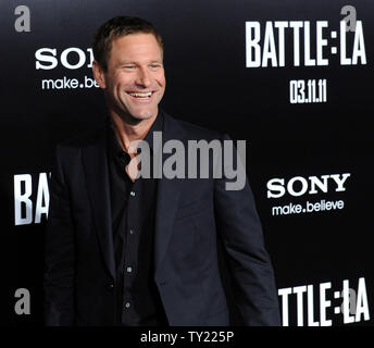 Aaron Eckhart, a cast member in the motion picture sci-fi thriller 'Battle: Los Angeles', arrives for the premiere of the film at the Regency Village Theatre in the Westwood section of Los Angeles on March 8, 2011.  UPI/Jim Ruymen Stock Photo