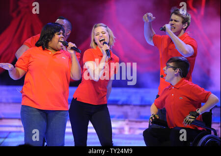 Amber Riley,  Dianna Agron, Chord Overstreet, and Kevin McHale (L-R) perform on the Glee! concert tour at Staples Center in Los Angeles on May 28, 2011.   UPI/Jim Ruymen Stock Photo