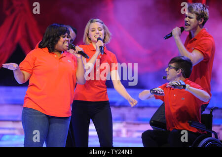 Amber Riley, Dianna Agron, Kevin McHale and Chord Overstreet (L-R) perform on the Glee! concert tour at Staples Center in Los Angeles on May 28, 2011.   UPI/Jim Ruymen Stock Photo