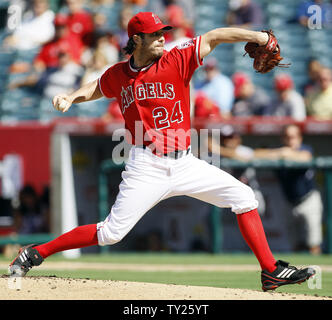 Los Angeles Angels starting pitcher Dan Haren (24) pitches against the Washington Nationals in the first inning at Angel Stadium in Anaheim, California on June 29, 2011.   UPI/Lori Shepler. Stock Photo