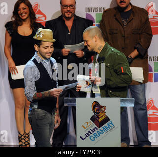 Eduardo Cabra (L) and Rene Perez, members of the urban/hip-hop duo Calle 13 announce nominations for the 12th annual Latin Grammy Awards, during a news conference at the Avalon Theatre in the Hollywood section of Los Angeles on September 14, 2011. The duo - which already has won 10 Latin Grammy Awards, garnered 10 nominations for this year's Grammy's, a new record.  The winners will be announced in Las Vegas on November 10.  UPI/Jim Ruymen Stock Photo