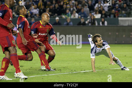 Los Angeles Galaxy forward Mike Magee, right, watches his goal go in against Real Salt Lake in the second half in the MLS Western Conference Final game at the Home Depot Center in Carson, California on Nov. 6, 2011.  The Galaxy won 3-1.  UPI/Lori Shepler. Stock Photo