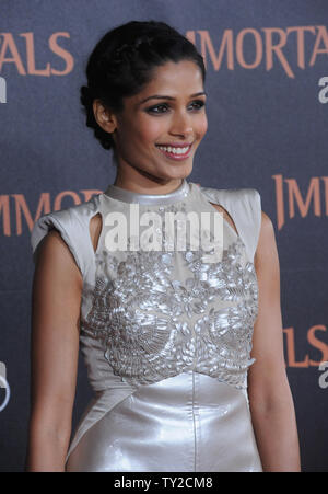 Actress Freida Pinto, a cast member in the motion picture fantasy 'Immortals', attends the world premiere of the film at Nokia Theatre in Los Angeles on November 7, 2011.  UPI/Jim Ruymen Stock Photo