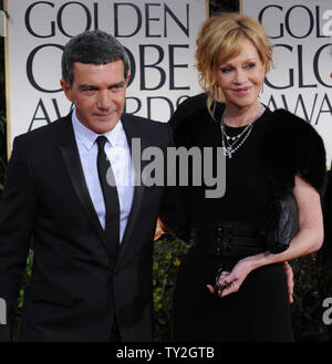 Actor Antonio Banderas and his wife, actress Melanie Griffith arrive at the 69th annual Golden Globe Awards in Beverly Hills, California on January 15, 2012.  UPI/Jim Ruymen Stock Photo