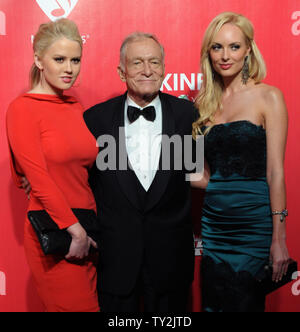 Kristina Shannon, Hugh Hefner and Karissa Shannon (L-R) arrive for the MusiCares Person of the Year Tribute to Paul McCartney held at the Los Angeles Convention Center in Los Angeles on February 10, 2012.   UPI/Jim Ruymen
