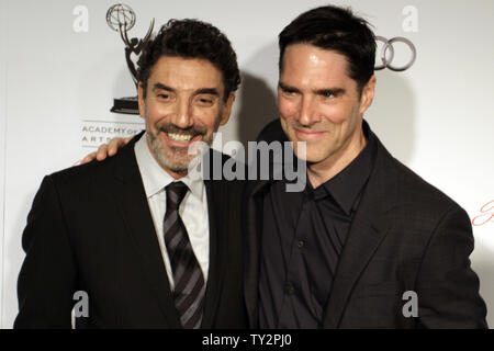 Producer Chuck Lorre and actor Thomas Gibson arrive for the Academy of Television Arts & Sciences 21st Annual Hall of Fame Ceremony at the Beverly Hills Hotel in Beverly Hills, California on March 1, 2012.   UPI/Jonathan Alcorn Stock Photo