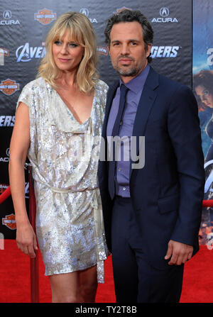 Mark Ruffalo, a cast member in the sci-fi motion picture 'The Avengers', attends the premiere of the film with his wife, actress Sunrise Colgney at the El CapitanTheatre in the Hollywood section of Los Angeles on April 11, 2012.   UPI/Jim Ruymen Stock Photo