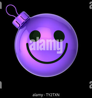 Happy New Year bauble cartoon Christmas ball funny face decoration purple cute emoticon. Xmas cheerful person laughing character. 3d rendering isolate Stock Photo