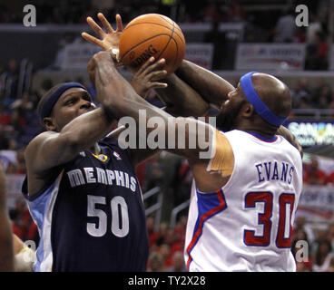 Memphis Grizzlies forward Zach Randolph (50) battles for the ball with Los Angeles Clippers forward Reggie Evans (30) during the first half of Game 6 of the Western Conference Playoffs at Staples Center in Los Angeles on May 11, 2012. UPI/Alex Gallardo Stock Photo