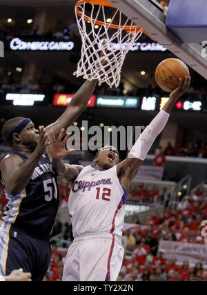 Memphis Grizzlies forward Zach Randolph (50) defends a shot by Los Angeles Clippers guard Eric Bledsoe (12) during the second half of Game 6 of the Western Conference Playoffs at Staples Center in Los Angeles on May 11, 2012. Grizzlies won the game 90-88, series is tied 3-3. UPI/Alex Gallardo Stock Photo