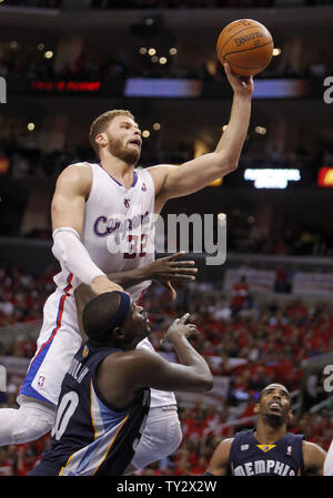 Los Angeles Clippers forward Blake Griffin (32) shoots over Memphis Grizzlies forward Zach Randolph (50) defending during the second half of Game 6 of the Western Conference Playoffs at Staples Center in Los Angeles on May 11, 2012. Grizzlies won the game 90-88, series is tied 3-3. UPI/Alex Gallardo Stock Photo