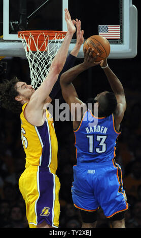Los Angeles Lakers power forward Pau Gasol (16) blocks the shot of Oklahoma City Thunder guard James Harden (13) during the first half of game 3 of the Western Conference Semifinals at Staples Center in Los Angeles on May 18, 2012. UPI /Lori Shepler Stock Photo