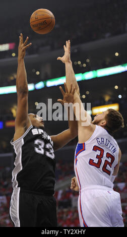 San Antonio Spurs power forward Boris Diaw (33) makes a basket over Los Angeles Clippers power forward Blake Griffin (32) during the first half of game 4 of the Western Conference Semifinals at Staples Center in Los Angeles on May 20, 2012. UPI /Lori Shepler Stock Photo