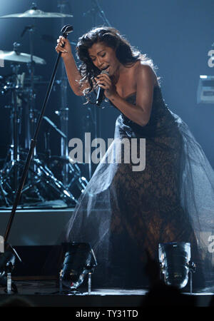 Singer Melanie Fiona performs during BET Awards 12, at the Shrine Auditorium in Los Angeles on July 1, 2012.  UPI/Jim Ruymen Stock Photo