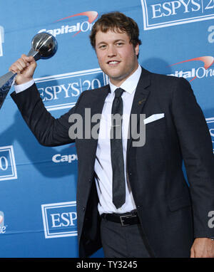 Matthew Stafford of the Detroit Lions appears backstage with his award that he won for Best Comeback Athlete at the ESPY Awards at Nokia Theatre in Los Angeles on July 11, 2012.  UPI/Jim Ruymen Stock Photo