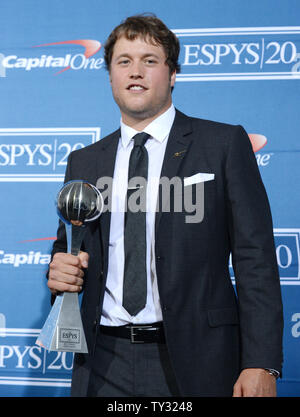 Matthew Stafford of the Detroit Lions appears backstage with his award that he won for Best Comeback Athlete at the ESPY Awards at Nokia Theatre in Los Angeles on July 11, 2012.  UPI/Jim Ruymen Stock Photo