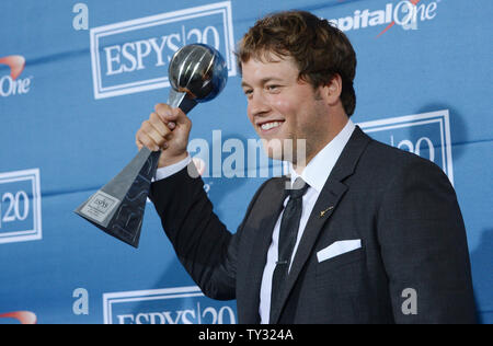 Matthew Stafford of the Detroit Lions appears backstage with his award that he won for Best Comeback Athlete at the ESPY Awards at Nokia Theatre in Los Angeles on July 11, 2012.  UPI/Jim Ruymen Stock Photo