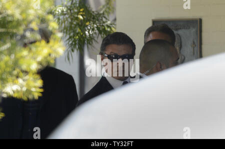 Actor Sylvester Stallone arrives for funeral services held for his son Sage Stallone at St. Martin of Tours Catholic Church in the Brentwood section of Los Angeles on July 21, 2012. The 36-year-old actor, director and producer was found dead inside his home last Friday.    UPI/Phil McCarten Stock Photo