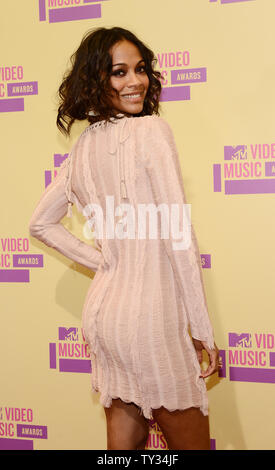 Actress Zoe Saldana arrives for the MTV Video Music Awards at Staples Center in Los Angeles on September 6, 2012.  UPI/Jim Ruymen Stock Photo