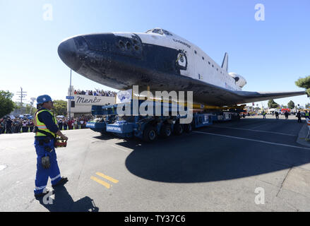 The Space Shuttle 'Endeavour' completes its three day twelve mile journey as it is transported on surface streets from Los Angeles International Airport to the California Science Center in Los Angeles on October 14, 2012.    UPI/Phil McCarten Stock Photo