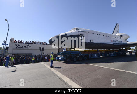 The Space Shuttle 'Endeavour' completes its three day twelve mile journey as it is transported on surface streets from Los Angeles International Airport to the California Science Center in Los Angeles on October 14, 2012.    UPI/Phil McCarten Stock Photo