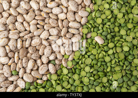 Green Split Peas and Pinto Beans Close Up Top View. Food Background, Dried Beans, Legume Family Stock Photo