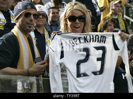 A David Beckham fan holds up a jersey at the MLS Cup at the Home Depot Center in Carson, California on December 1, 2012. The Los Angeles Galaxy defeated the Houston Dynamo 3-1in the MLS Cup. UPI/Jonathan Alcorn Stock Photo