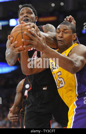 Miami Heat power forward Udonis Haslem, left, and Los Angeles Lakers small forward Metta World Peace (15) battle for the ball in the first half at Staples Center in Los Angeles on January 17,  2013.    UPI/Lori Shepler Stock Photo