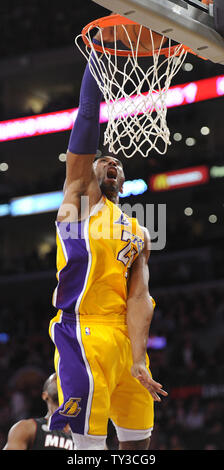 Los Angeles Lakers shooting guard Kobe Bryant (24) dunks over the Miami Heat in the first half at Staples Center in Los Angeles on January 17,  2013.    UPI/Lori Shepler Stock Photo