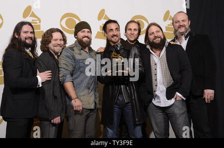 The Zac Brown Band appears backstage with the Grammy they won for Best Country Album at the 55th Grammy Awards at the Staples Center in Los Angeles on February 10, 2013.    UPI/Phil McCarten Stock Photo