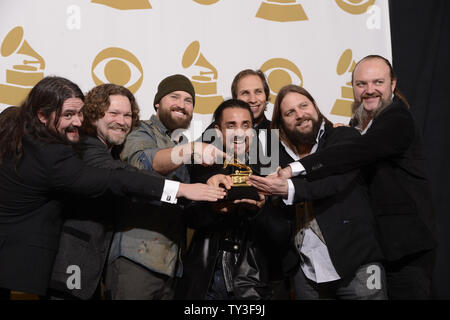 The Zac Brown Band appears backstage with the Grammy they won for Best Country Album at the 55th Grammy Awards at the Staples Center in Los Angeles on February 10, 2013.    UPI/Phil McCarten Stock Photo