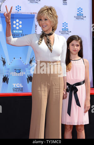 Actress Jane Fonda (L) poses with her granddaughter Viva Vadim during a hand & footprint ceremony honoring Fonda as part of the TCM Classic Film Festival, at TCL Chinese Theatre in the Hollywood section of Los Angeles on April 27, 2013. UPI/Jim Ruymen Stock Photo