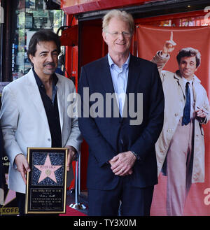 Actors Joe Mantegna (L) and Ed Begley Jr. attend the posthumous ceremony honoring the late actor Peter Falk with the 2,503rd star on the Hollywood Walk of Fame in Los Angeles on July 25, 2013. Falk, most famous for his role in the television series 'Colombo' died at the age of 83 on June 23, 2011 at his home in California.UPI/Jim Ruymen Stock Photo