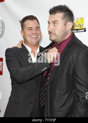 Cast member George Eads (L) and director Justin Steele attend the premiere of the motion picture thriller 'Gutshot Straight', at the Zanuck Theatre at Fox Studios in Los Angeles on August 12, 2013.  The crime story follows Eads’s Jack, a poker player who takes on Lang and Levine brothers in the Vegas underworld, with AnnaLynne McCord playing a femme fatale involved in the treachery.    UPI/Danny Moloshok Stock Photo