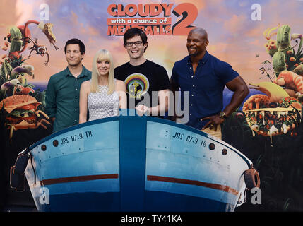 Cast members Andy Samberg, Anna Faris, Bill Hader and Terry Crews (L-R) gather for a photo call for Columbia Pictures' 'Cloudy With A Chance Of Meatballs 2', at the Four Seasons Hotel in Los Angeles on September 15, 2013. The sequel picks up where Sony Pictures AnimationÕs mouth-watering comedy left off. Inventor Flint Lockwood thought he saved the world when he destroyed his most infamous invention -- a machine that turned water into food causing cheeseburger rain and spaghetti tornadoes. But Flint soon learns that his invention survived and is now creating food-animals C 'foodimals!'  Flint Stock Photo