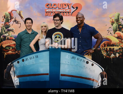 Cast members Andy Samberg, Anna Faris, Bill Hader and Terry Crews (L-R) gather for a photo call for Columbia Pictures' 'Cloudy With A Chance Of Meatballs 2', at the Four Seasons Hotel in Los Angeles on September 15, 2013. The sequel picks up where Sony Pictures AnimationÕs mouth-watering comedy left off. Inventor Flint Lockwood thought he saved the world when he destroyed his most infamous invention -- a machine that turned water into food causing cheeseburger rain and spaghetti tornadoes. But Flint soon learns that his invention survived and is now creating food-animals C 'foodimals!'  Flint Stock Photo