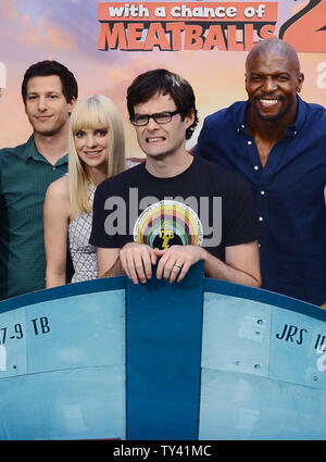 Cast members Andy Samberg, Anna Faris, Bill Hader and Terry Crews (L-R) gather for a photo call for Columbia Pictures' 'Cloudy With A Chance Of Meatballs 2', at the Four Seasons Hotel in Los Angeles on September 15, 2013. The sequel picks up where Sony Pictures AnimationÕs mouth-watering comedy left off. Inventor Flint Lockwood thought he saved the world when he destroyed his most infamous invention -- a machine that turned water into food causing cheeseburger rain and spaghetti tornadoes. But Flint soon learns that his invention survived and is now creating food-animals C 'foodimals!'  Flint Stock Photo