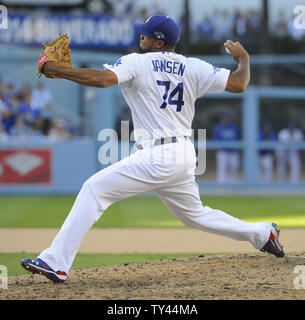 Los Angeles Dodgers pitcher Kenley Jansen pitches in the 9th inning of Game 5 of the National League Championship Series against the St. Louis Cardinals at Dodger Stadium in Los Angeles on October 16, 2013. The Dodgers win 6-4.  UPI/Lori Shepler Stock Photo