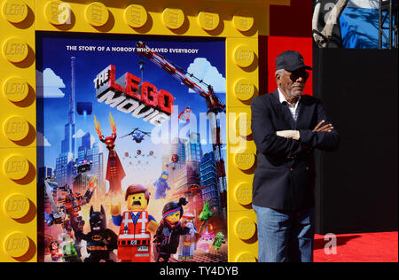 Cast member Morgan Freeman, the voice of Vitruvius in the animated comedy motion picture 'The Lego Movie' attends the premiere of the film at the Regency Village Theatre in the Westwood section of Los Angeles on February 1, 2014. Storyline: An ordinary Lego minifigure, mistakenly thought to be the extraordinary MasterBuilder, is recruited to join a quest to stop an evil Lego tyrant from gluing the universe together.  UPI/Jim Ruymen Stock Photo