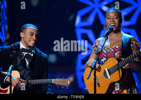 Singers Jonathan McReynolds and India.Arie perform onstage during BET's  13th annual Celebration of Gospel at the Orpheum Theatre in Los Angeles on  March 15, 2014. UPI/Jim Ruymen Stock Photo - Alamy