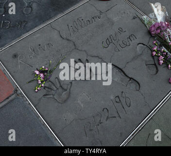 Actor Robins Williams handprints, footprints and signature are on display in the forecourt of TCL Chinese Theatre in Los Angeles on August 12, 2014. The Latin phrase carpe diem, lower right, that translates to 'seize the day' was written in wet cement by Williams during a 1998 hand & footprint ceremony. Williams uttered the phrase in the the film 'Dead Poets Society'. Williams was found dead in his Marin County, California home on August 11, 2014. He was 63.   UPI/Jim Ruymen Stock Photo
